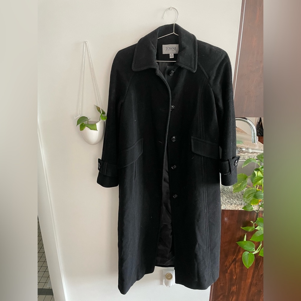 Towne by London Fog Black Wool Trench Coat - Full Length